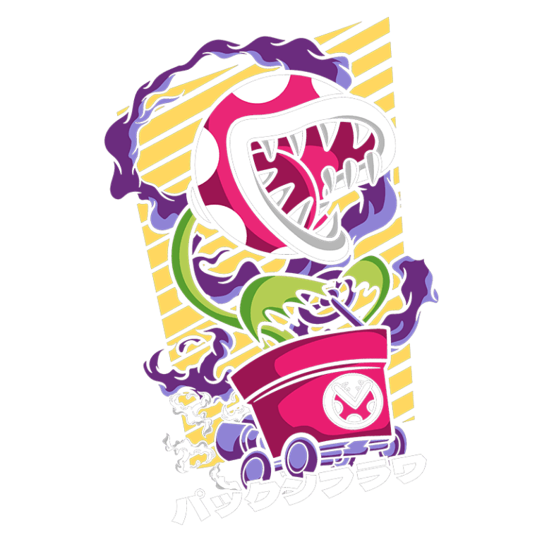 Ilustração de uma planta carnívora estilizada, inspirada em jogos, com boca aberta e dentes afiados, cercada por elementos gráficos vibrantes, incluindo fumaça e um carro de brinquedo vermelho. Texto em japonês na parte inferior.