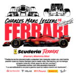 Imagem do carro de Fórmula 1 da Scuderia Ferrari, pilotado por Charles Leclerc, com destaque para o número 16. O design apresenta logotipos de patrocinadores, incluindo Santander e Shell, e uma citação inspiradora sobre paixão e aerodinâmica.