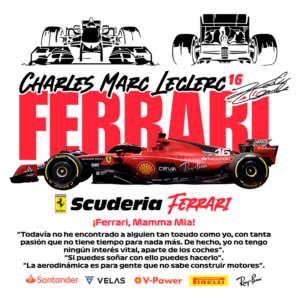 Imagem do carro de Fórmula 1 da Scuderia Ferrari, pilotado por Charles Leclerc, com destaque para o número 16. O design apresenta logotipos de patrocinadores, incluindo Santander e Shell, e uma citação inspiradora sobre paixão e aerodinâmica.