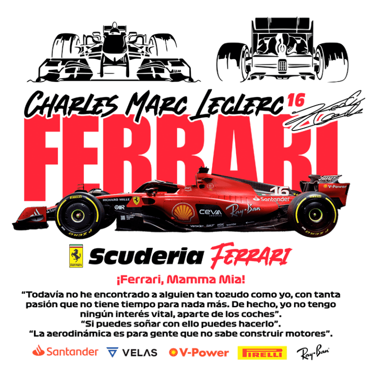Imagem do carro de Fórmula 1 da Scuderia Ferrari, pilotado por Charles Leclerc, com destaque para o número 16. O design apresenta logotipos de patrocinadores, incluindo Santander e Shell, e uma citação inspiradora sobre paixão e aerodinâmica.