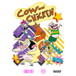 Ilustração dos personagens principais de "Cow and Chicken", desenho animado icônico dos anos 90, exibido no Cartoon Network. A imagem destaca a vaca Cow e o frango Chicken em poses divertidas, cercados por elementos coloridos e gráficos estilizados que representam a estética vibrante da época.