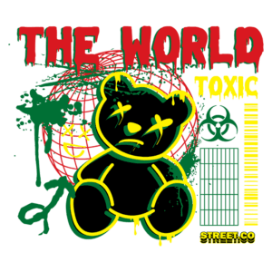 Imagem de arte urbana com um ursinho de pelúcia preto, expressão triste e olhos em 'X', cercado por elementos gráficos como um globo terrestre, um símbolo de biotecnologia e spray de tinta verde. O texto "THE WORLD TOXIC" aparece em vermelho, destacando a temática de contaminação e crítica social. Ideal para roupas de estilo streetwear.