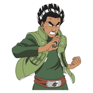 Personagem de anime mostrando expressão determinada e realizando um gesto de concentração, vestido com um colete verde e faixa da Vila Oculta da Folha.