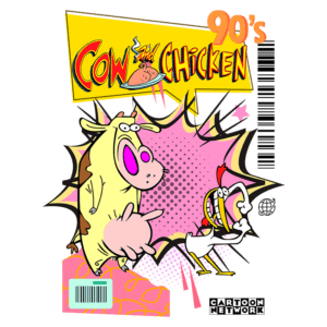Capa da série animada "Cow and Chicken" dos anos 90, apresentando a vaca e o frango em uma cena divertida, com o logotipo vibrante do Cartoon Network.