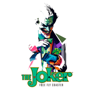 Ilustração vibrante do personagem The Joker, com uma expressão maliciosa e colorida, destacando seu traje icônico em tons de roxo e verde, segurando um microfone e uma flor, representando o elemento cômico e caótico do vilão.