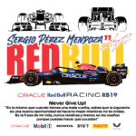 Imagem do carro de Fórmula 1 da equipe Red Bull Racing, modelo RB19, pilotado por Sergio Pérez. Destacam-se logos das marcas patrocinadoras, como Oracle, Mobil 1, Honda, Bybit e Pirelli, além de uma citação inspiradora sobre resiliência e persistência.