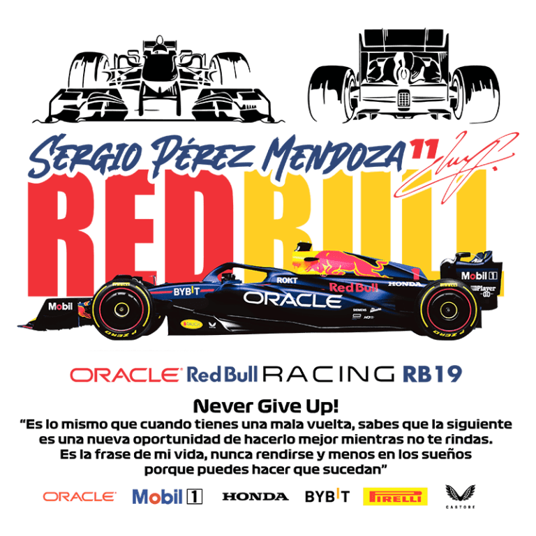 Imagem do carro de Fórmula 1 da equipe Red Bull Racing, modelo RB19, pilotado por Sergio Pérez. Destacam-se logos das marcas patrocinadoras, como Oracle, Mobil 1, Honda, Bybit e Pirelli, além de uma citação inspiradora sobre resiliência e persistência.
