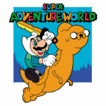 Personagem em estilo cartoon montado em um animal semelhante a um dinossauro, segurando uma espada e sorrindo. O fundo é colorido, com o título "SUPER ADVENTURE WORLD" em destaque no topo da imagem. Ideal para fãs de jogos de aventura e animação.