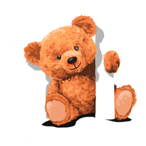 Urso de pelúcia sorridente segurando placas com a palavra "Oi" e a frase "prazer em conhecê-lo", em um fundo verde. Ideal para decoração infantil ou produtos relacionados a crianças.