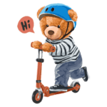 Urso fofinho montado em um patinete laranja, usando um capacete azul e uma camiseta listrada, acenando e dizendo "Oi". Ideal para ilustrações infantis e temas de diversão.