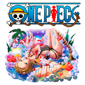 Imagem colorida do anime One Piece, apresentando uma personagem feminina relaxando em um ambiente tropical, cercada por flores e bolhas de água, com o logotipo do anime acima.