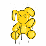 Desenho de um coelho amarelo estilizado, com olhos em forma de X, gotejando tinta, acompanhado da frase "STAY TRIPPY". Ideal para decoração artística e produtos criativos.