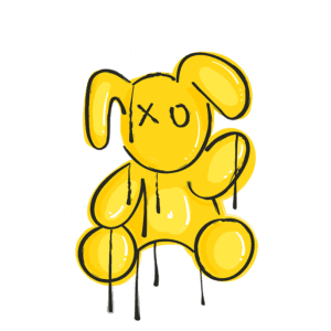 Desenho de um coelho amarelo estilizado, com olhos em forma de X, gotejando tinta, acompanhado da frase "STAY TRIPPY". Ideal para decoração artística e produtos criativos.
