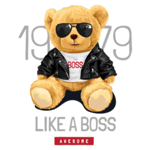 Ursinho de pelúcia estilizado com óculos escuros e jaqueta de couro, exibindo a frase "THE BOSS" e as datas "1979" e "LIKE A BOSS", ideal para produtos divertidos e presentes.