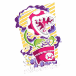 Ilustração colorida de uma planta carnívora inspirada em jogos, com boca aberta e dentes afiados, montada em um carrinho. O fundo apresenta listras diagonais amarelas e elementos de fumaça, destacando um estilo vibrante e dinâmico.