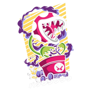 Ilustração colorida de uma planta carnívora inspirada em jogos, com boca aberta e dentes afiados, montada em um carrinho. O fundo apresenta listras diagonais amarelas e elementos de fumaça, destacando um estilo vibrante e dinâmico.