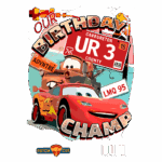 Imagem colorida de um cartaz de aniversário inspirado no filme "Carros", apresentando os personagens Relâmpago McQueen e Mater. O cartaz inclui elementos como placas de carro e o texto "Our Birthday Champ" com detalhes que remetem a uma festa.