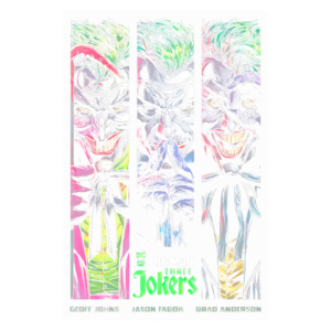 Capa da graphic novel "Batman: Three Jokers", destacando três versões do Coringa em ilustrações vibrantes com um contraste de cores impactante, incluindo detalhes expressivos nos rostos e trajes.