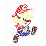 Ilustração artística do personagem Mario, da série Super Mario, composta por palavras-chave relacionadas ao jogo, como "Nintendo", "plumber", "game over", "jump", "Princess" e "stage". Ideal para fãs de videogames e cultura pop.