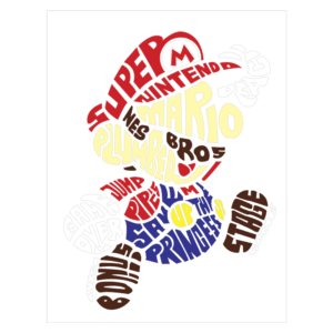 Ilustração artística do personagem Mario, da série Super Mario, composta por palavras-chave relacionadas ao jogo, como "Nintendo", "plumber", "game over", "jump", "Princess" e "stage". Ideal para fãs de videogames e cultura pop.