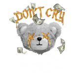 Ilustração de um urso de pelúcia cinza com lágrimas douradas, cercado por notas de dinheiro e com a frase "Don't Cry". Parte do projeto "Millionaire's Tears". Design relacionado à cultura pop e à arte contemporânea.