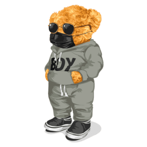 Ursinho estilizado vestindo um moletom cinza com a palavra "BOY", óculos escuros e máscara, posando de forma fashion.
