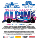 Carro da equipe Alpine F1, pilotado por Pierre Gasly, com patrocínios da BWT, Castrol e Pirelli. O carro apresenta as cores azul e rosa e faz parte da escuderia francesa que estreou na temporada de 2021, promovendo a linha de veículos da Alpine.