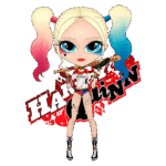 Personagem estilizado da Harley Quinn, com cabelo em duas cores (rosa e azul), usando um traje ousado, segurando um bastão e com uma expressão determinada, destacando-se em fundo vermelho com letras estilizadas.