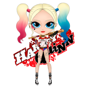 Personagem estilizado da Harley Quinn, com cabelo em duas cores (rosa e azul), usando um traje ousado, segurando um bastão e com uma expressão determinada, destacando-se em fundo vermelho com letras estilizadas.