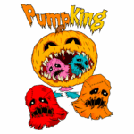 Ilustração de uma abóbora assustadora com dentes afiados, cercada por criaturas coloridas e fantasmas. O texto "PumpKing" destaca o tema de Halloween. Ideal para decoração festiva ou produtos relacionados a festas.