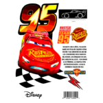 Imagem do carro de corrida Relâmpago McQueen, número 95, da Disney, com a logomarca Rust-eze. O fundo apresenta uma pista de corrida e informações sobre suas conquistas na Copa Piston, incluindo a homenagem ao personagem Doc Hudson.