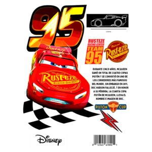 Imagem do carro de corrida Relâmpago McQueen, número 95, da Disney, com a logomarca Rust-eze. O fundo apresenta uma pista de corrida e informações sobre suas conquistas na Copa Piston, incluindo a homenagem ao personagem Doc Hudson.