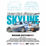 Imagem do Nissan Skyline R34, com destaque para o design icônico e detalhes em azul e branco. O texto, atribuído a Brian Earl Spiner, faz referência à conexão emocional e à irmandade entre os amantes do automobilismo. A arte inclui ilustrações frontais e traseiras do carro, simbolizando sua importância na cultura automotiva.