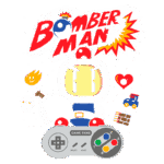 Imagem colorida do personagem Bomberman, com fundo repleto de elementos do jogo, como uma bomba, chamas, caveiras e um controle de videogame. O título "BOMBER MAN" está destacado no topo, representando um clássico dos jogos de ação e estratégia.