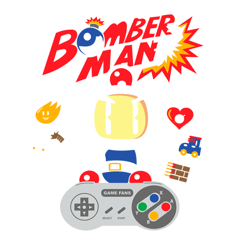 Imagem colorida do personagem Bomberman, com fundo repleto de elementos do jogo, como uma bomba, chamas, caveiras e um controle de videogame. O título "BOMBER MAN" está destacado no topo, representando um clássico dos jogos de ação e estratégia.