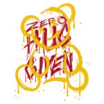 Desenho de urso de pelúcia amarelo estilizado com um sorriso, envolto em um fundo vermelho, com efeitos de gotejamento, representando arte de rua e cultura urbana.