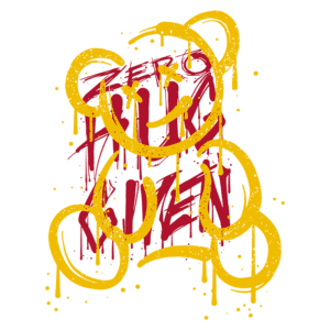 Desenho de urso de pelúcia amarelo estilizado com um sorriso, envolto em um fundo vermelho, com efeitos de gotejamento, representando arte de rua e cultura urbana.