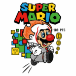 Ilustração de Super Mario, caracterizado com cabelo de palhaço e nariz vermelho, correndo em direção a blocos coloridos e moedas, com a inscrição "100 PTS".