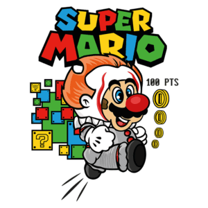 Ilustração de Super Mario, caracterizado com cabelo de palhaço e nariz vermelho, correndo em direção a blocos coloridos e moedas, com a inscrição "100 PTS".