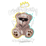 Urso de pelúcia estilizado com óculos escuros e tatuagens, sentado em uma pose descontraída. O urso possui asas e uma coroa acima da cabeça, com as palavras "Keep Away From Reality" em um estilo gráfico moderno. Ideal para produtos de moda urbana e streetwear.
