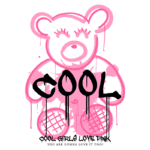 Desenho de um ursinho rosa com a palavra "COOL" em preto, acompanhada da frase "COOL GIRLS LOVE PINK", refletindo um estilo moderno e divertido. Ideal para moda juvenil e itens de decoração.