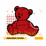 Ilustração de um ursinho de pelúcia vermelho em estilo streetwear, com o texto "Peace of Mind" e elementos gráficos como chamas e padrões geométricos. Design moderno e ousado para roupas de rua.