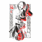 Ilustração estilizada de uma personagem feminina com cabelo longo e listrado, segurando um objeto em uma mão, com elementos gráficos em preto, vermelho e branco. O fundo apresenta um padrão ornamental e símbolos de cartas de baralho, destacando a estética de quadrinhos.