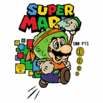 Ilustração divertida do personagem Mario, vestido com uma fantasia de vegetais, correndo e segurando um pincel, com o título "Super Mart" em destaque. O fundo apresenta blocos coloridos e símbolos de moedas, evocando o estilo dos jogos clássicos. Ideal para fãs de jogos e cultura pop.