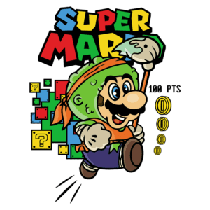 Ilustração divertida do personagem Mario, vestido com uma fantasia de vegetais, correndo e segurando um pincel, com o título "Super Mart" em destaque. O fundo apresenta blocos coloridos e símbolos de moedas, evocando o estilo dos jogos clássicos. Ideal para fãs de jogos e cultura pop.