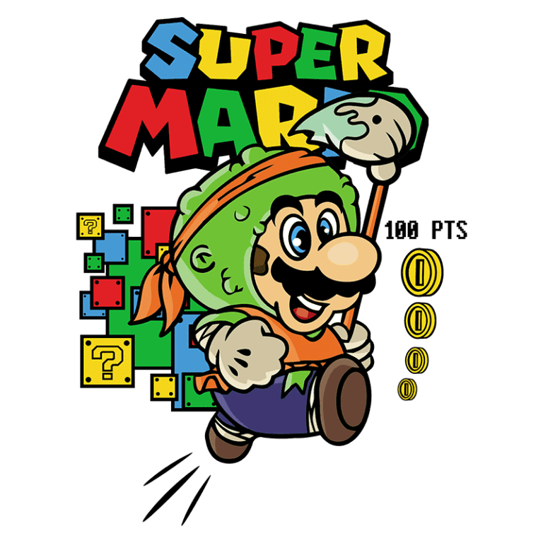 Ilustração divertida do personagem Mario, vestido com uma fantasia de vegetais, correndo e segurando um pincel, com o título "Super Mart" em destaque. O fundo apresenta blocos coloridos e símbolos de moedas, evocando o estilo dos jogos clássicos. Ideal para fãs de jogos e cultura pop.