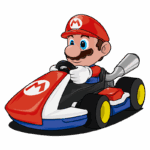Personagem Mario dirigindo um kart vermelho e azul, com detalhes em branco, em uma pista de corrida.
