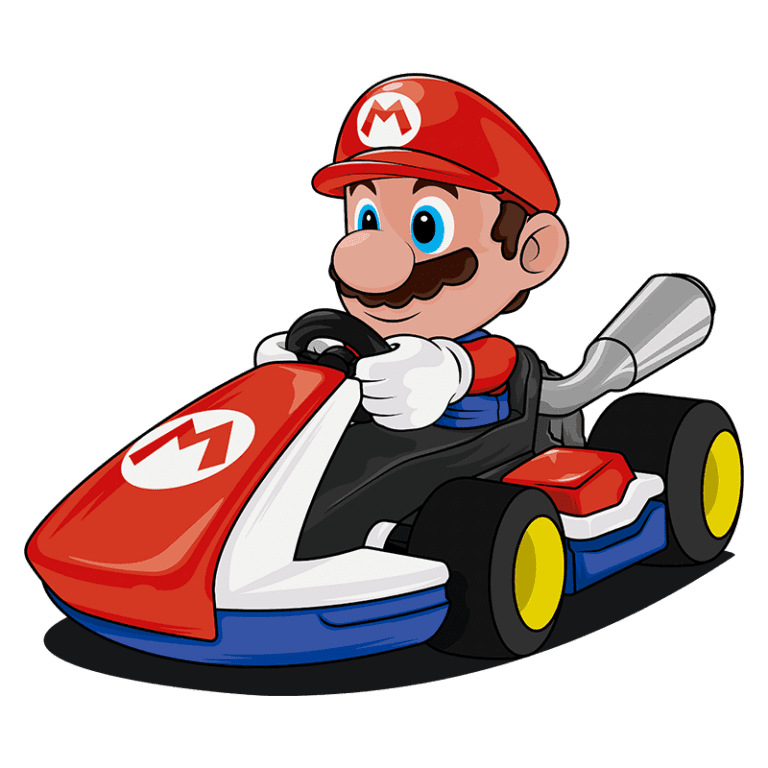 Personagem Mario dirigindo um kart vermelho e azul, com detalhes em branco, em uma pista de corrida.