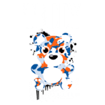 Ilustração de um urso de pelúcia estilizado, com cores em azul, laranja e branco, acompanhado pela palavra "TEDDY" em destaque. O fundo apresenta traços artísticos e detalhes de código de barras. Ideal para produtos infantis ou decoração de quartos.
