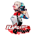 Imagem da personagem Harley Quinn, com cabelo colorido e maquiagem vibrante, usando uma camiseta branca com detalhes coloridos e segurando um bastão de beisebol. O fundo apresenta elementos gráficos em vermelho, destacando seu nome.